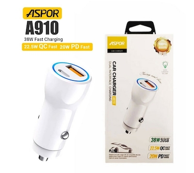 شارژر خودرو فندکی آسپور دو پورت 22.5W سوپر فست شارژر مدل A910 PD 22.5W 2PORT