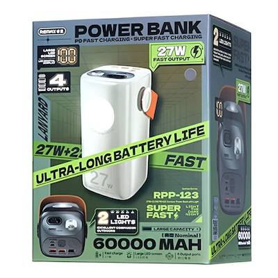 پاوربانک 27 وات ریمکس مدل RPP-123 ظرفیت 60000 میلی آمپر ساعت